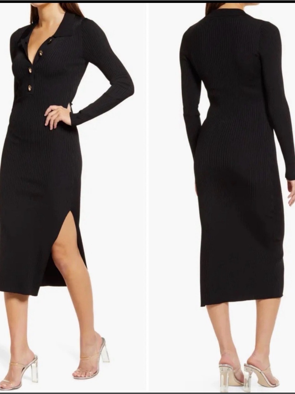 Good American Black Ribbed Button-Front Midi Dress with Side Slit